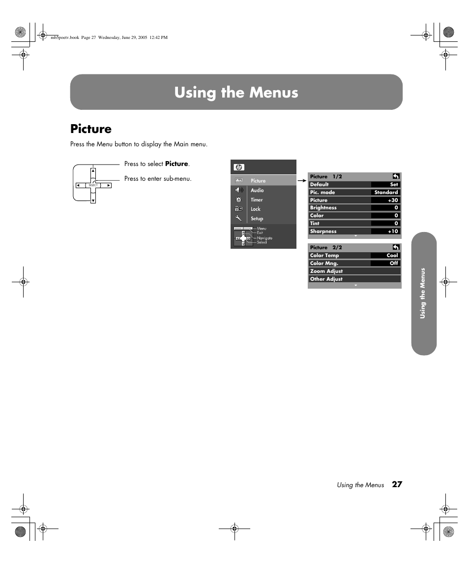 Using the menus, Picture | HP Pavilion PE4200N User Manual | Page 35 / 242