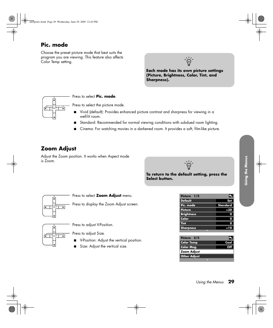 Pic. mode, Zoom adjust | HP Pavilion PE4200N User Manual | Page 37 / 242