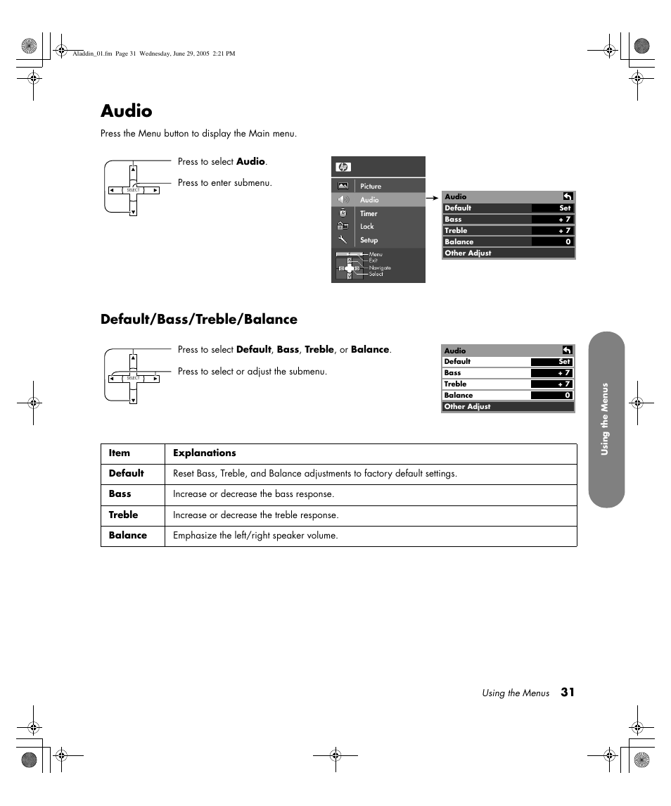 Audio, Default/bass/treble/balance | HP Pavilion PE4200N User Manual | Page 39 / 242