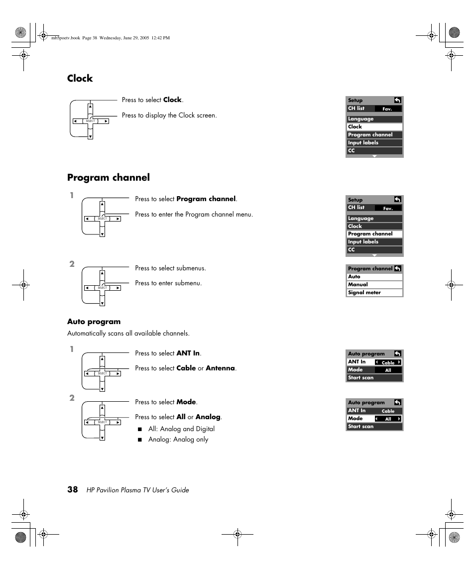 Clock program channel | HP Pavilion PE4200N User Manual | Page 46 / 242