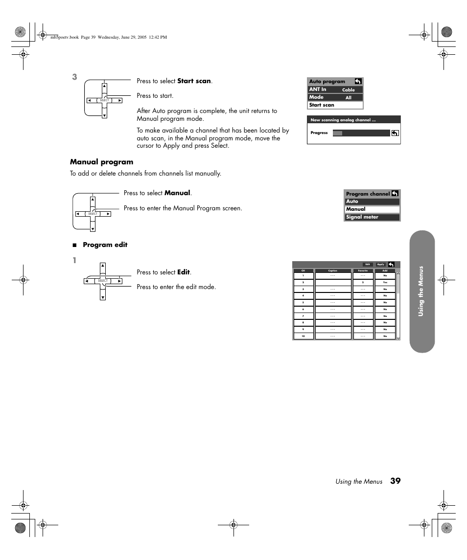 Manual program, Using the menus, Program edit | Us ing the menu s | HP Pavilion PE4200N User Manual | Page 47 / 242