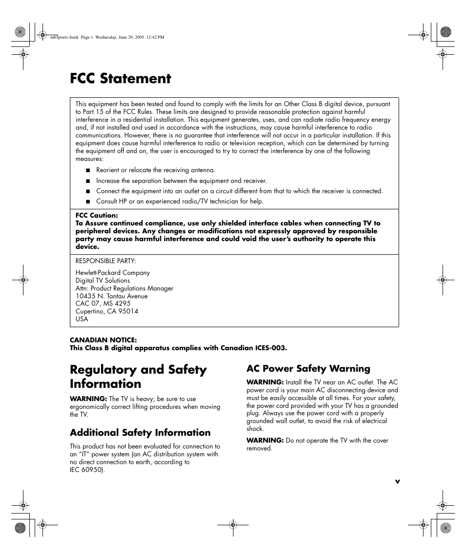 Fcc statement, Regulatory and safety information, Additional safety information | Ac power safety warning | HP Pavilion PE4200N User Manual | Page 5 / 242