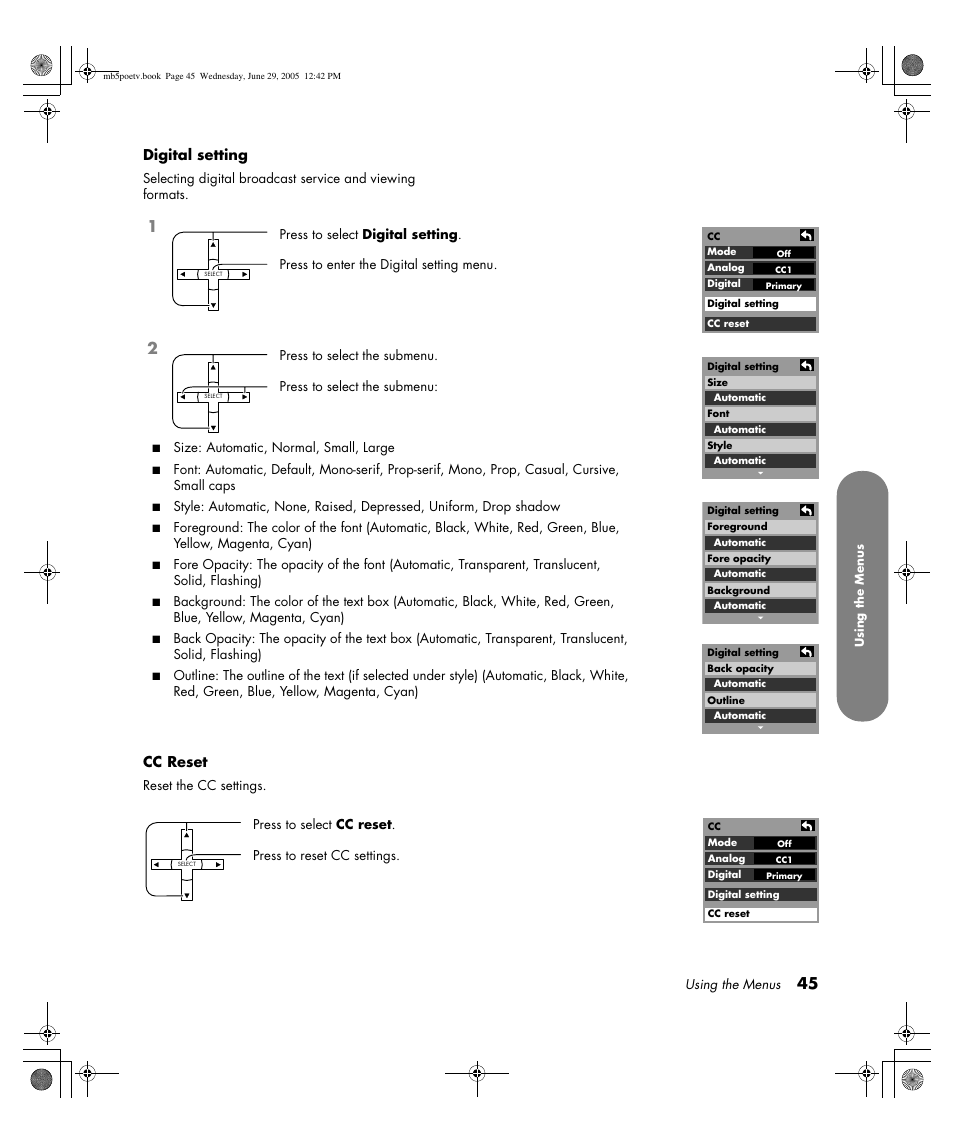 Digital setting, Cc reset | HP Pavilion PE4200N User Manual | Page 53 / 242