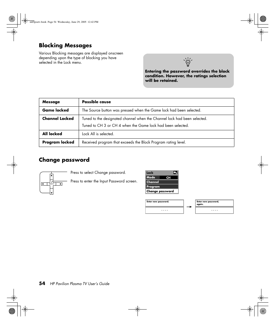 Blocking messages, Change password | HP Pavilion PE4200N User Manual | Page 62 / 242