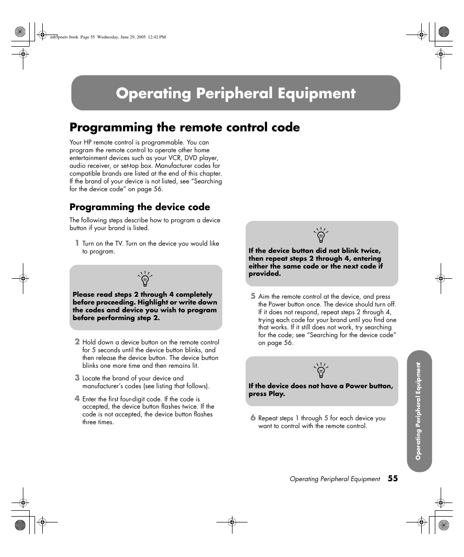 Operating peripheral equipment, Programming the remote control code | HP Pavilion PE4200N User Manual | Page 63 / 242