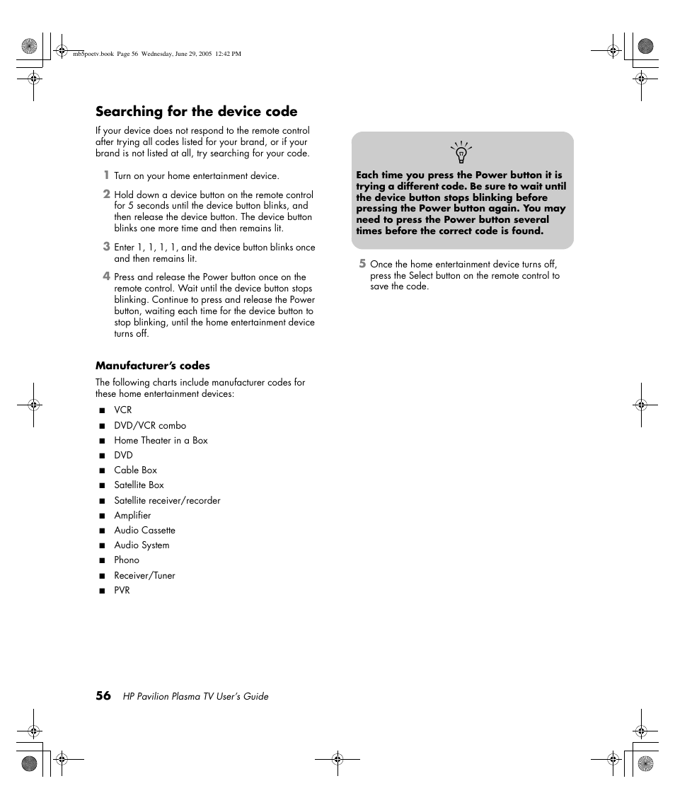 Searching for the device code | HP Pavilion PE4200N User Manual | Page 64 / 242