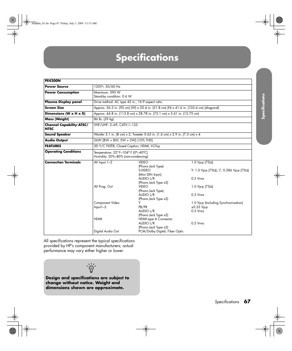Specifications | HP Pavilion PE4200N User Manual | Page 75 / 242