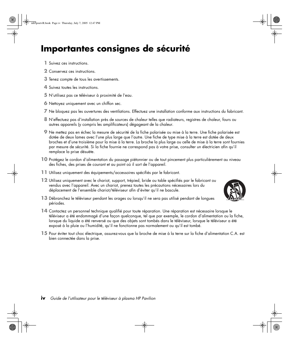 Importantes consignes de sécurité | HP Pavilion PE4200N User Manual | Page 82 / 242