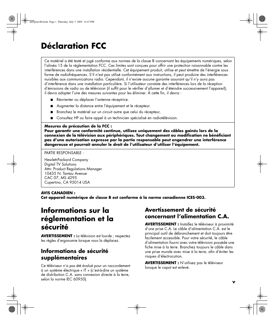 Déclaration fcc, Informations sur la réglementation et la sécurité, Informations de sécurité supplémentaires | HP Pavilion PE4200N User Manual | Page 83 / 242
