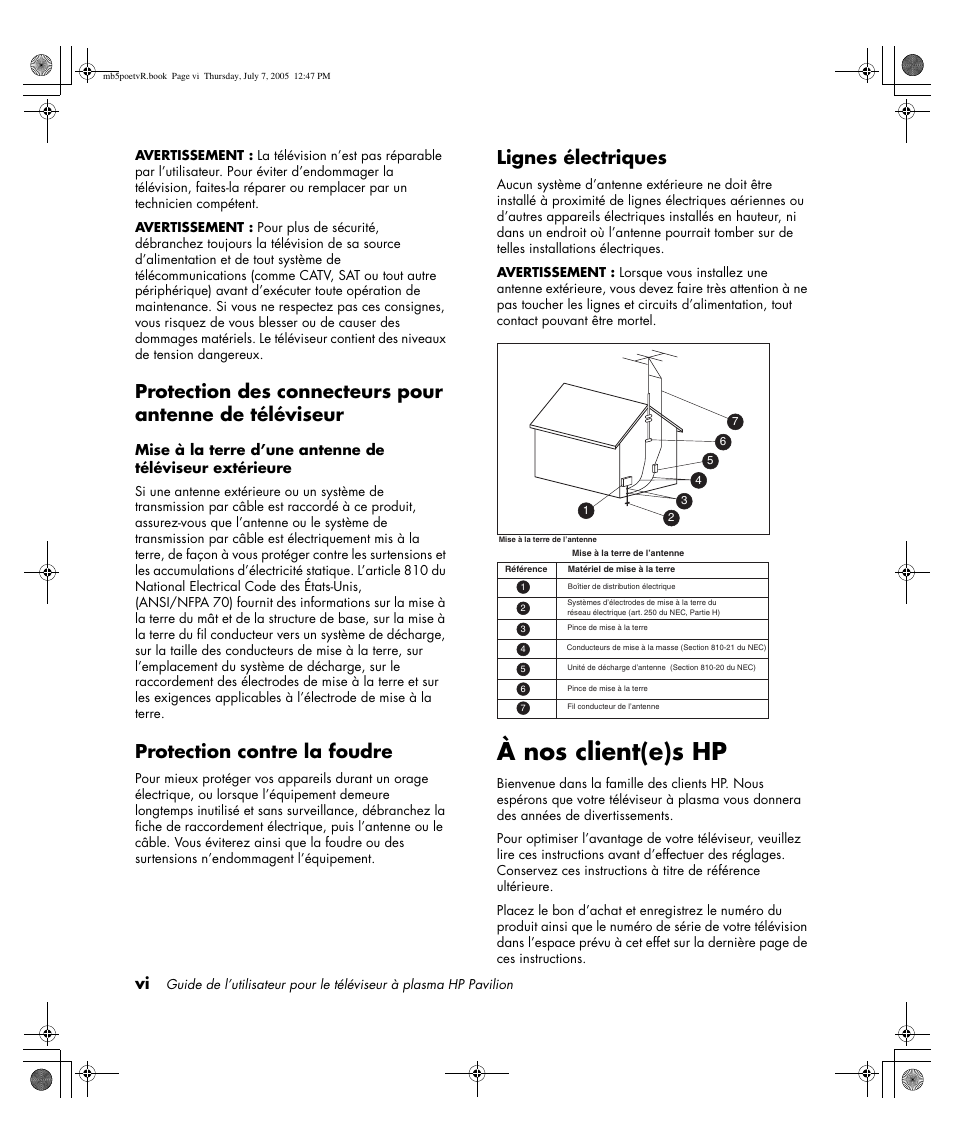 À nos client(e)s hp, Protection contre la foudre, Lignes électriques | HP Pavilion PE4200N User Manual | Page 84 / 242