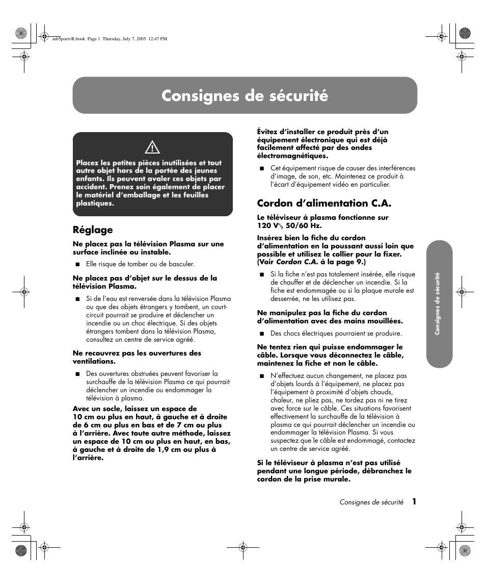 Consignes de sécurité, Réglage, Cordon d’alimentation c.a | HP Pavilion PE4200N User Manual | Page 87 / 242