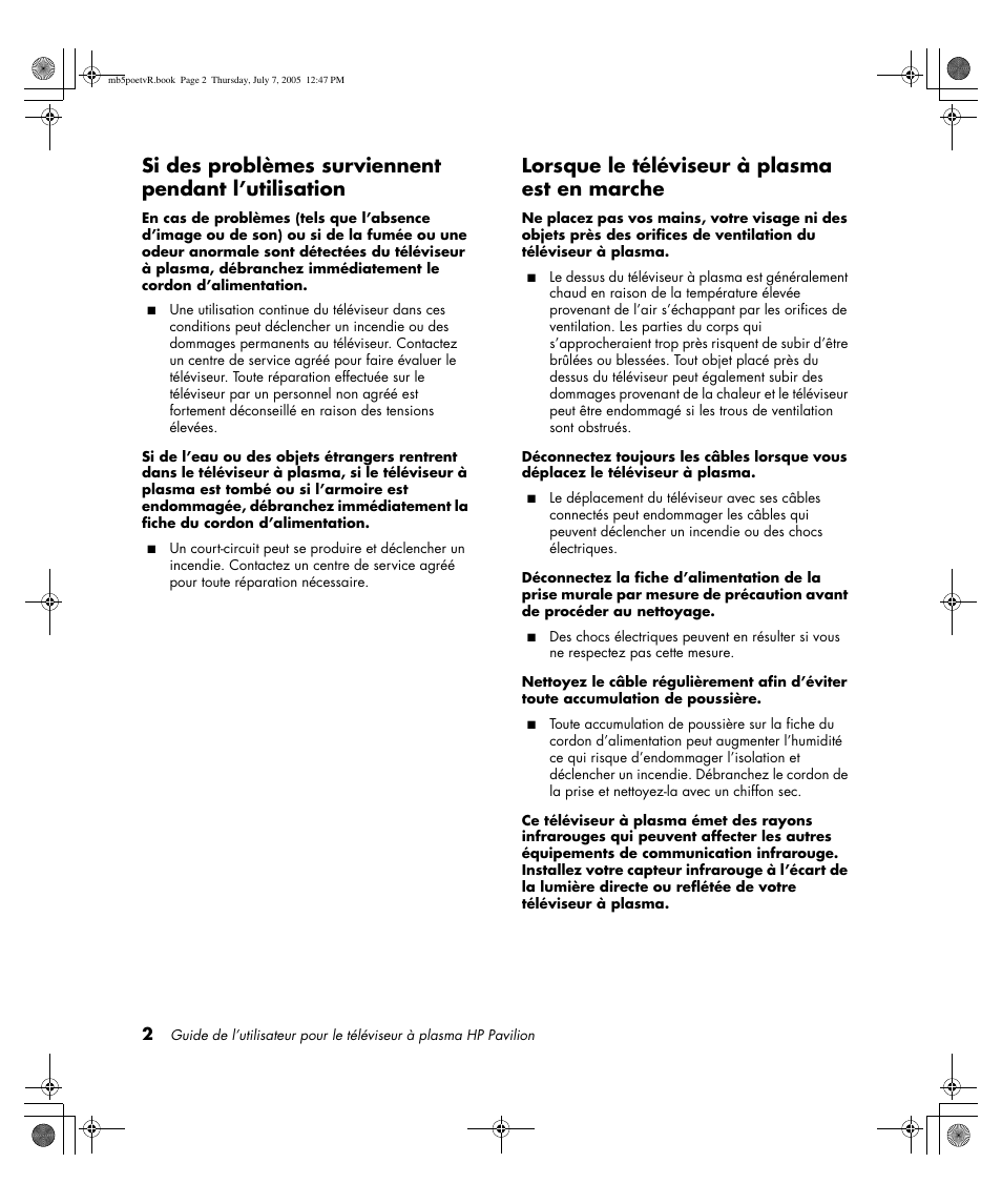 Si des problèmes surviennent pendant l’utilisation, Lorsque le téléviseur à plasma est en marche | HP Pavilion PE4200N User Manual | Page 88 / 242