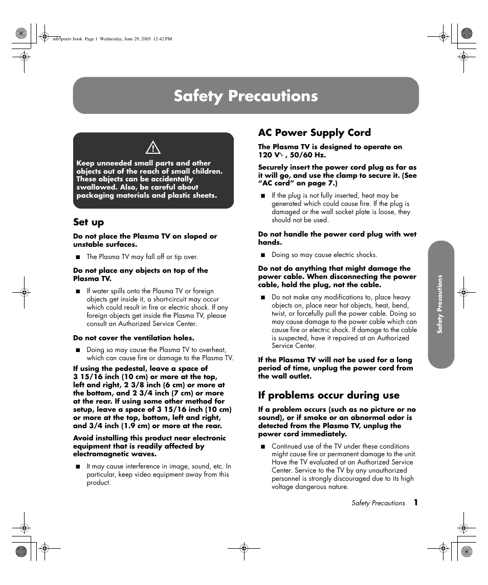Safety precautions, Set up, Ac power supply cord | If problems occur during use | HP Pavilion PE4200N User Manual | Page 9 / 242