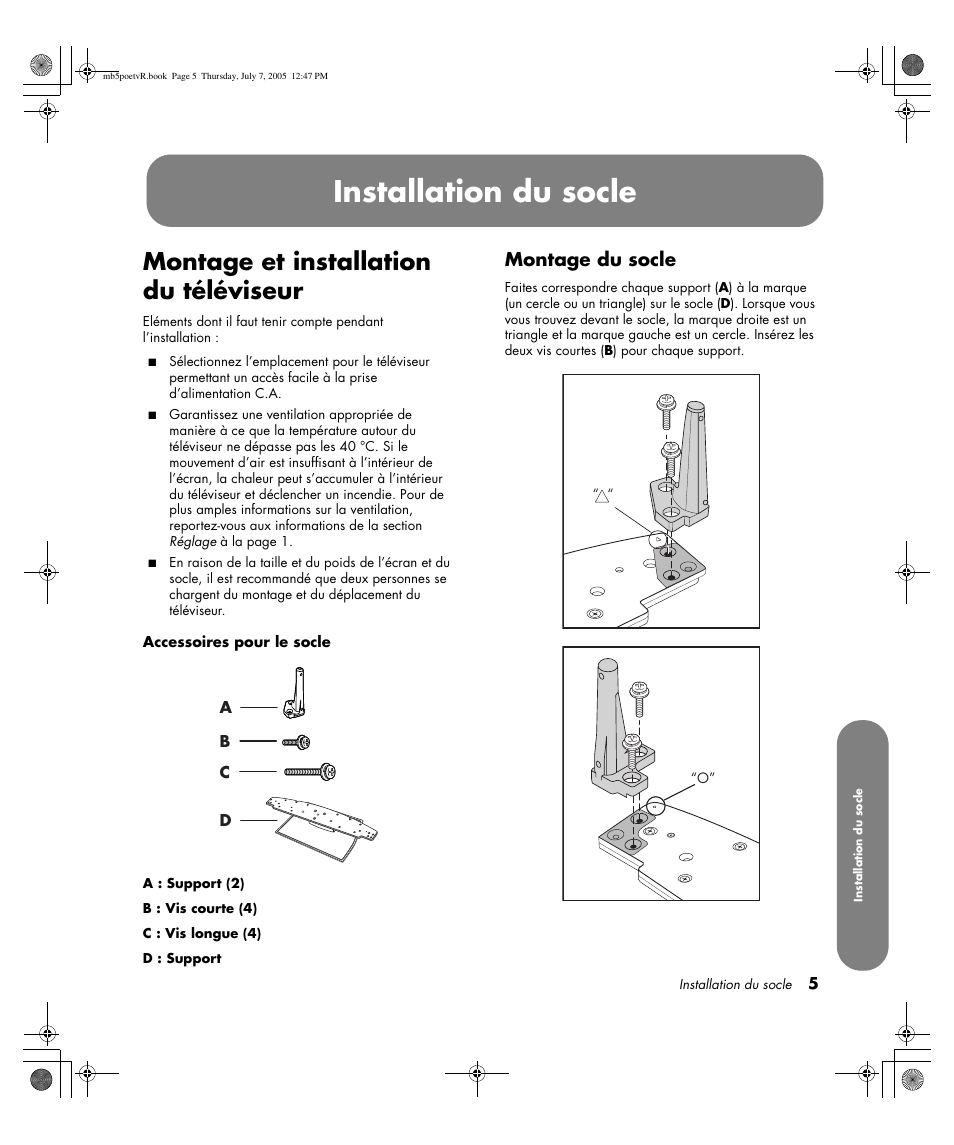 Installation du socle, Montage et installation du téléviseur, Montage du socle | HP Pavilion PE4200N User Manual | Page 91 / 242