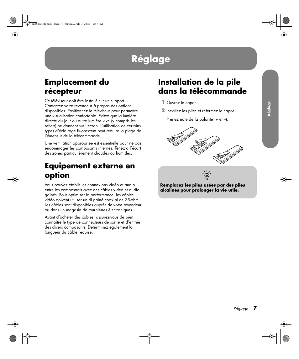Réglage, Emplacement du récepteur, Equipement externe en option | Installation de la pile dans la télécommande | HP Pavilion PE4200N User Manual | Page 93 / 242