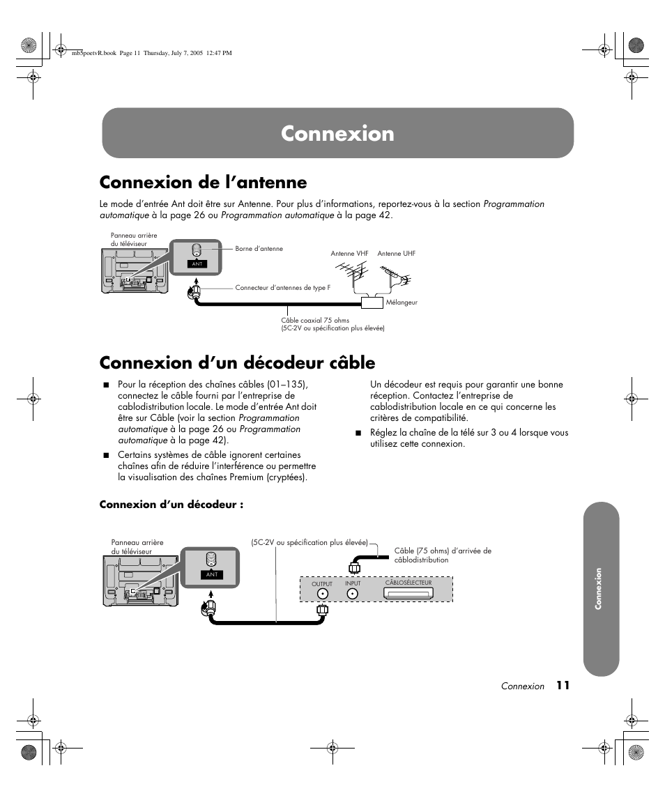 Connexion, Connexion de l’antenne, Connexion d’un décodeur câble | HP Pavilion PE4200N User Manual | Page 97 / 242