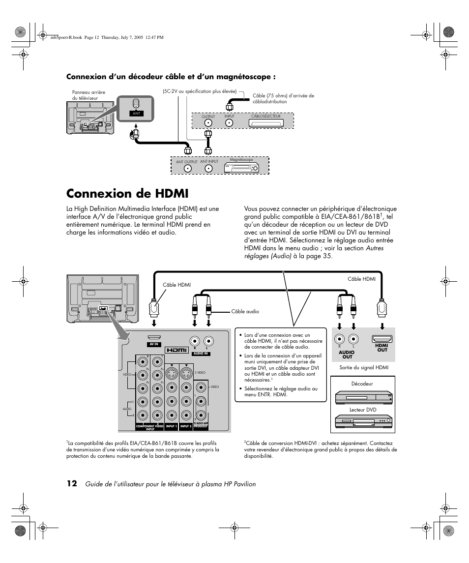Connexion de hdmi, Connexion d’un décodeur câble et d’un magnétoscope, Av in r l audio in | HP Pavilion PE4200N User Manual | Page 98 / 242