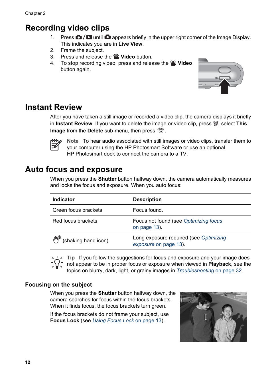 Recording video clips, Instant review, Auto focus and exposure | Focusing on the subject, Focus brackets (see | HP Photosmart M525 User Manual | Page 12 / 46