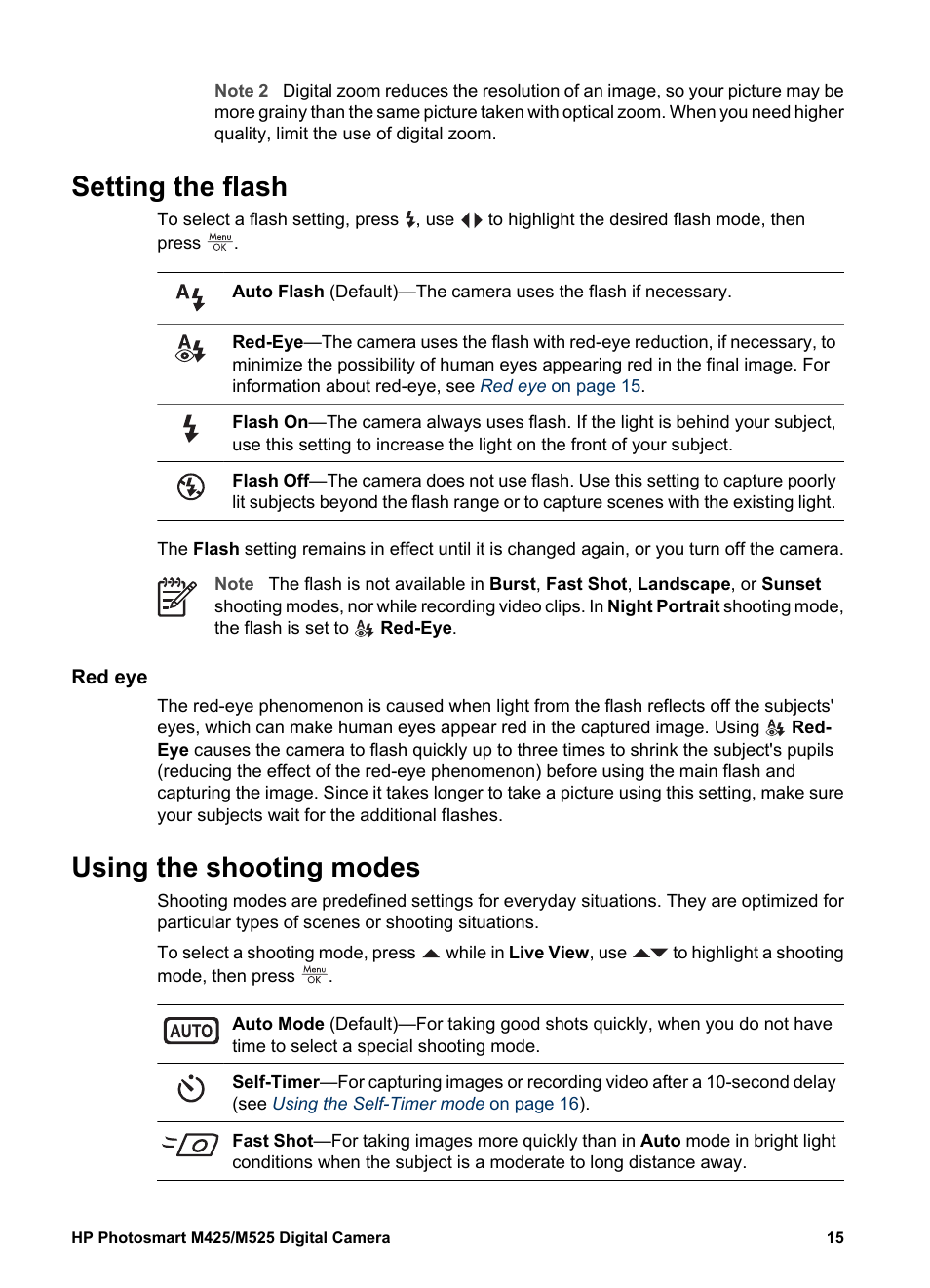Setting the flash, Red eye, Using the shooting modes | Setting the flash using the shooting modes, Using | HP Photosmart M525 User Manual | Page 15 / 46