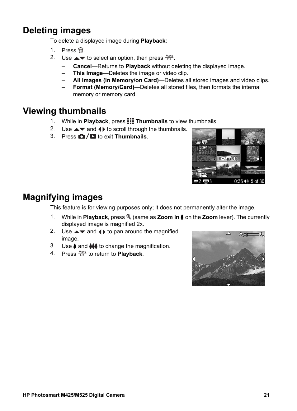 Deleting images, Viewing thumbnails, Magnifying images | Deleting | HP Photosmart M525 User Manual | Page 21 / 46