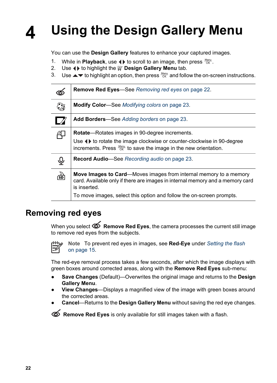 Using the design gallery menu, Removing red eyes, Using the design gallery menu removing red eyes | Using the | HP Photosmart M525 User Manual | Page 22 / 46
