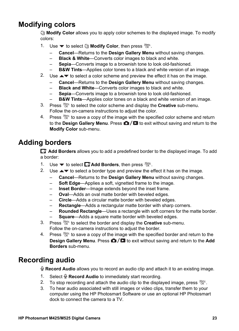 Modifying colors, Adding borders, Recording audio | Modifying colors adding borders recording audio, Recording | HP Photosmart M525 User Manual | Page 23 / 46