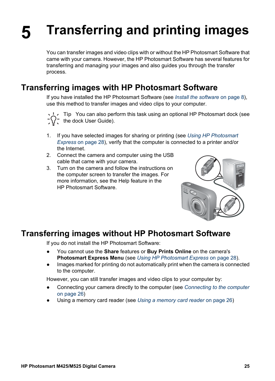 Transferring and printing images, Transferring images with hp photosmart software, Transferring images without hp photosmart software | Transferring images with, Transferring and printing | HP Photosmart M525 User Manual | Page 25 / 46