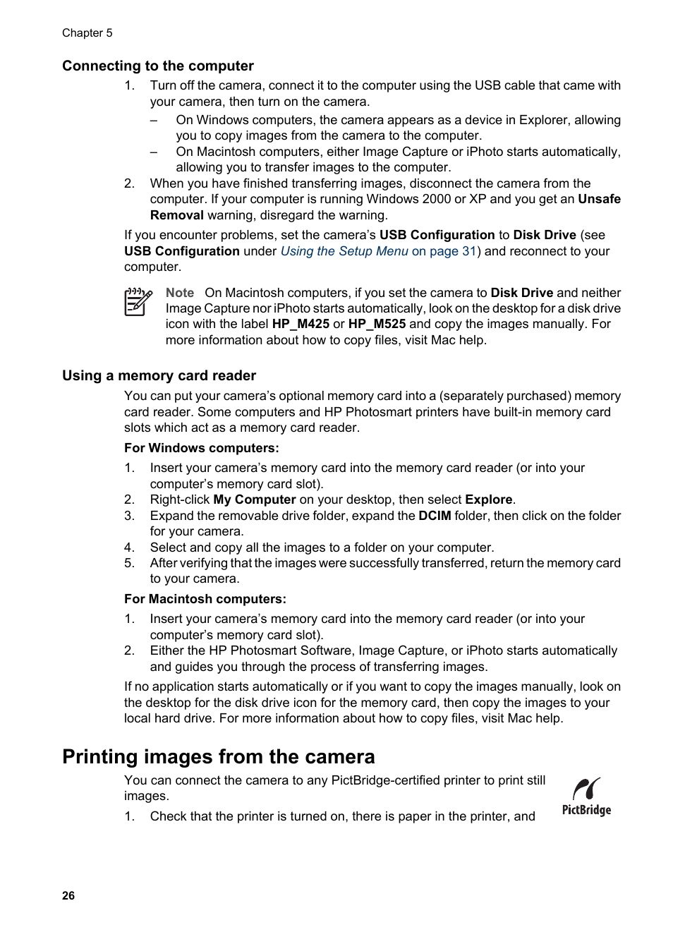 Connecting to the computer, Using a memory card reader, Printing images from the camera | HP Photosmart M525 User Manual | Page 26 / 46