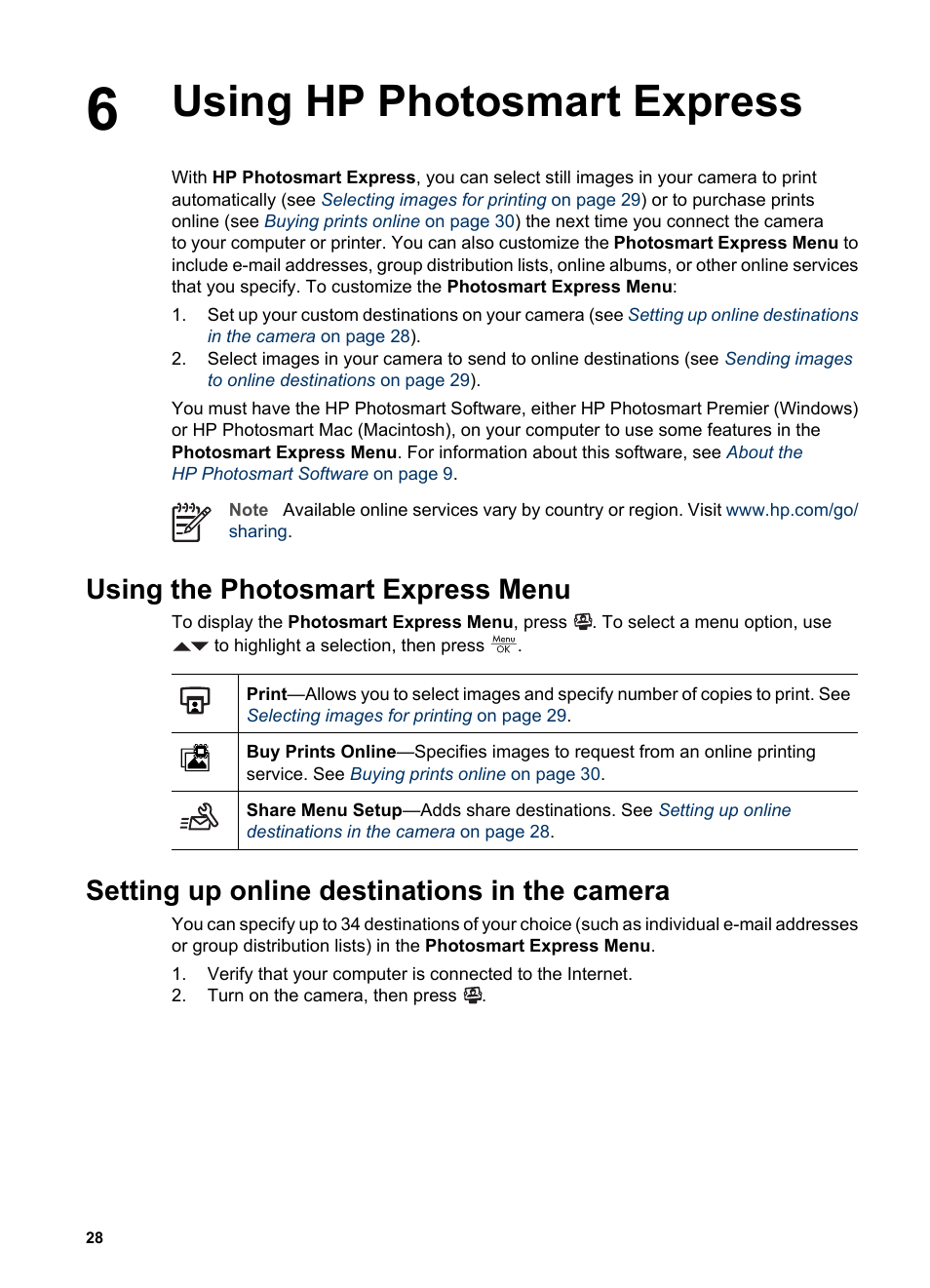 Using hp photosmart express, Using the photosmart express menu, Setting up online destinations in the camera | Using hp photosmart | HP Photosmart M525 User Manual | Page 28 / 46