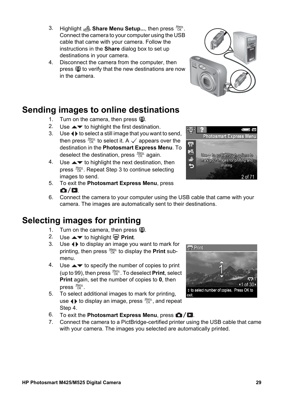 Sending images to online destinations, Selecting images for printing, Automatically (see | Sending images | HP Photosmart M525 User Manual | Page 29 / 46