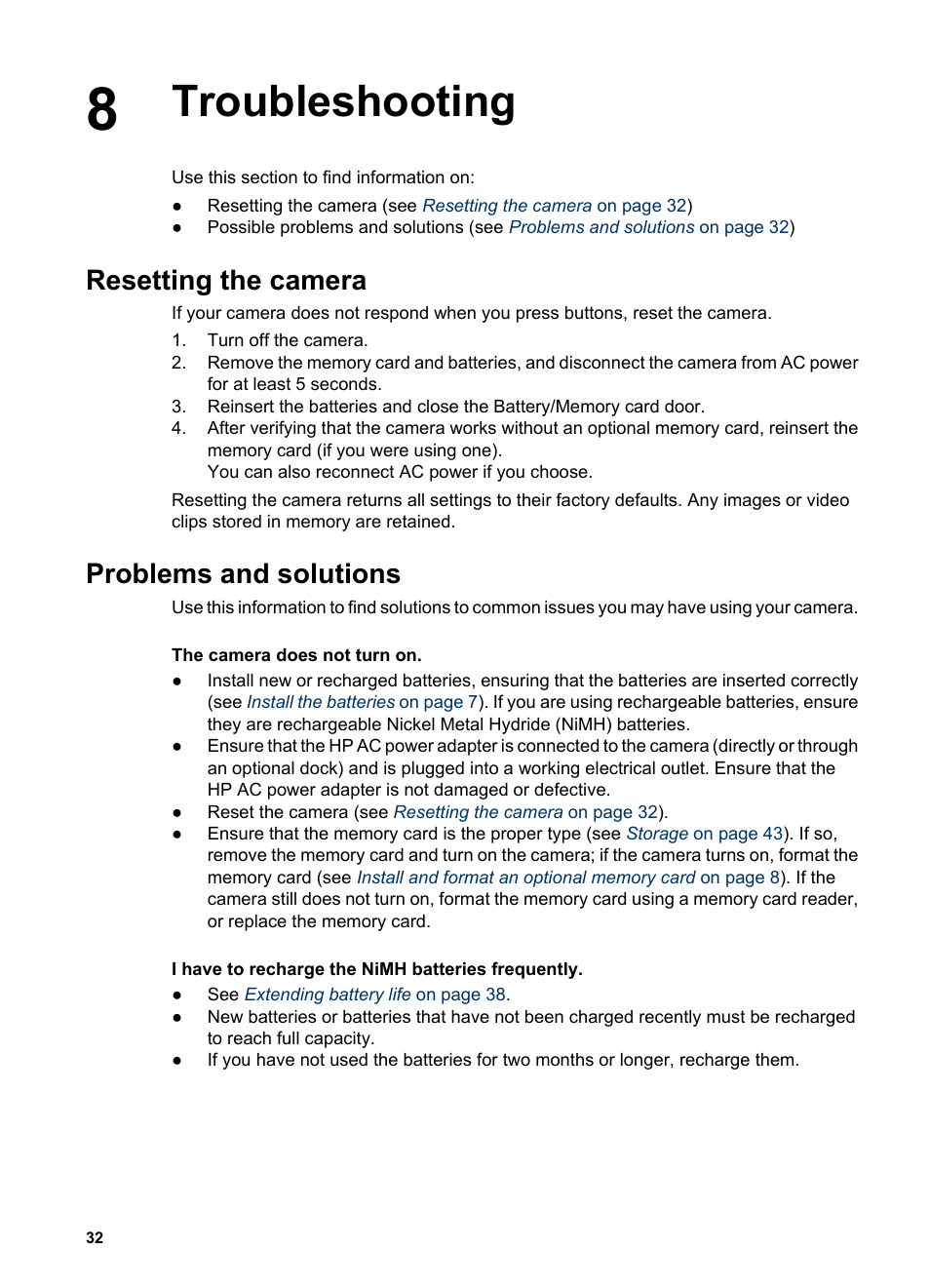 Troubleshooting, Resetting the camera, Problems and solutions | HP Photosmart M525 User Manual | Page 32 / 46