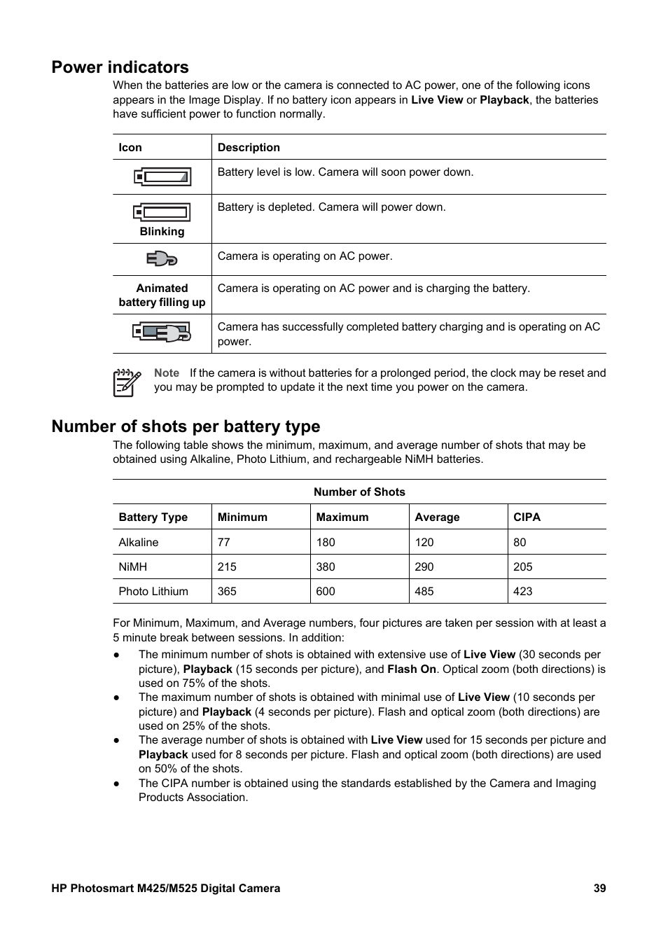 Power indicators, Number of shots per battery type, Power indicators number of shots per battery type | HP Photosmart M525 User Manual | Page 39 / 46