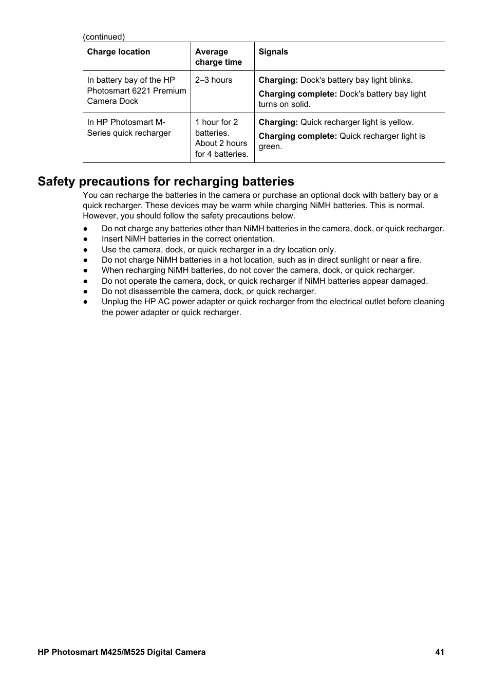 Safety precautions for recharging batteries | HP Photosmart M525 User Manual | Page 41 / 46