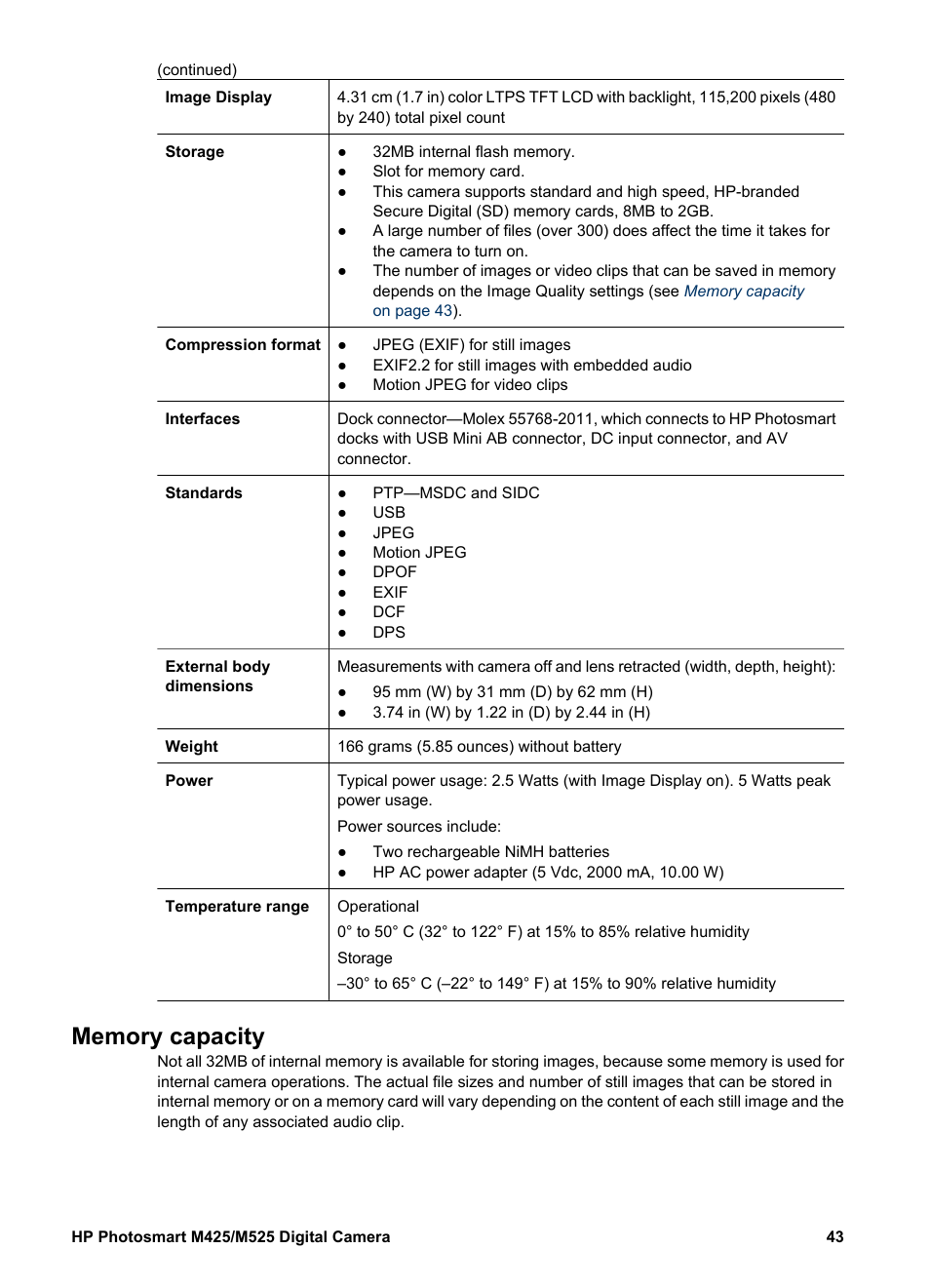 Memory capacity, For ti | HP Photosmart M525 User Manual | Page 43 / 46