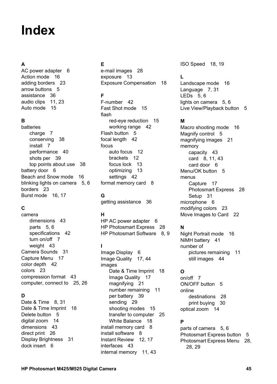 Index | HP Photosmart M525 User Manual | Page 45 / 46