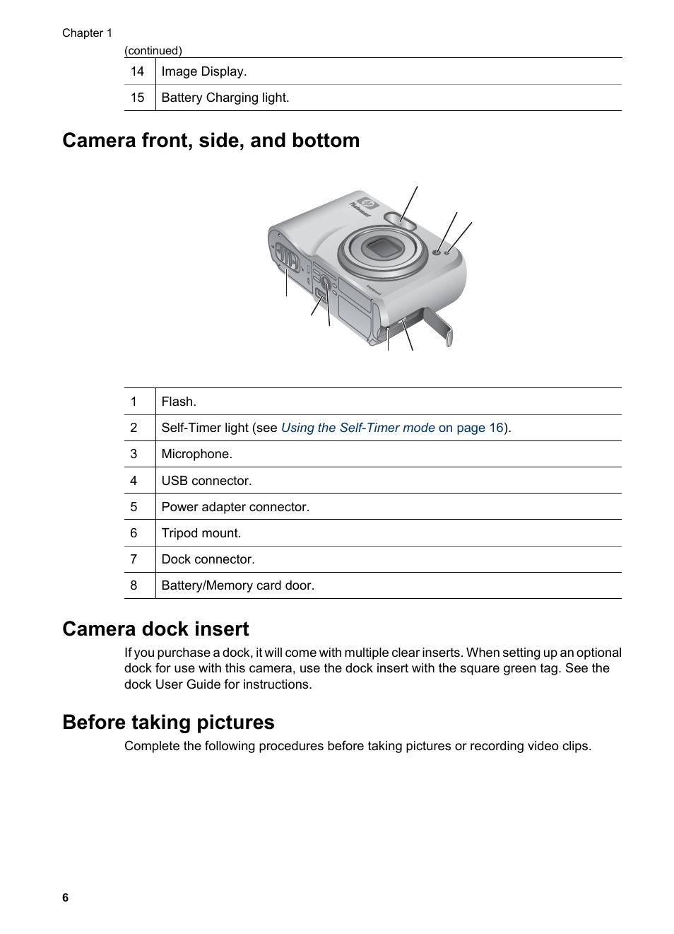 Camera front, side, and bottom, Camera dock insert, Before taking pictures | HP Photosmart M525 User Manual | Page 6 / 46