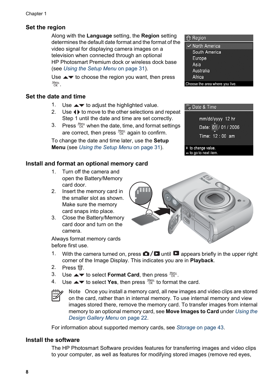 Set the region, Set the date and time, Install and format an optional memory card | Install the software | HP Photosmart M525 User Manual | Page 8 / 46