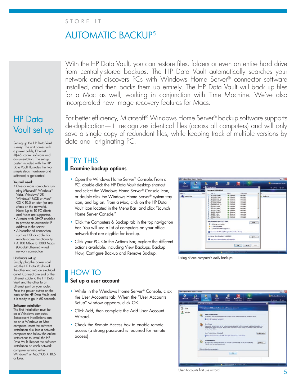 Automatic backup, Hp data vault set up, Try this | How to, Windows home server, Examine backup options | HP X510 User Manual | Page 5 / 8