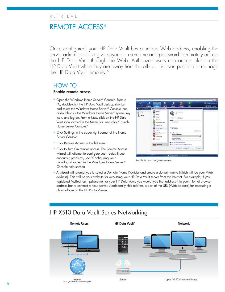 Remote access, Hp x510 data vault series networking, How to | HP X510 User Manual | Page 6 / 8