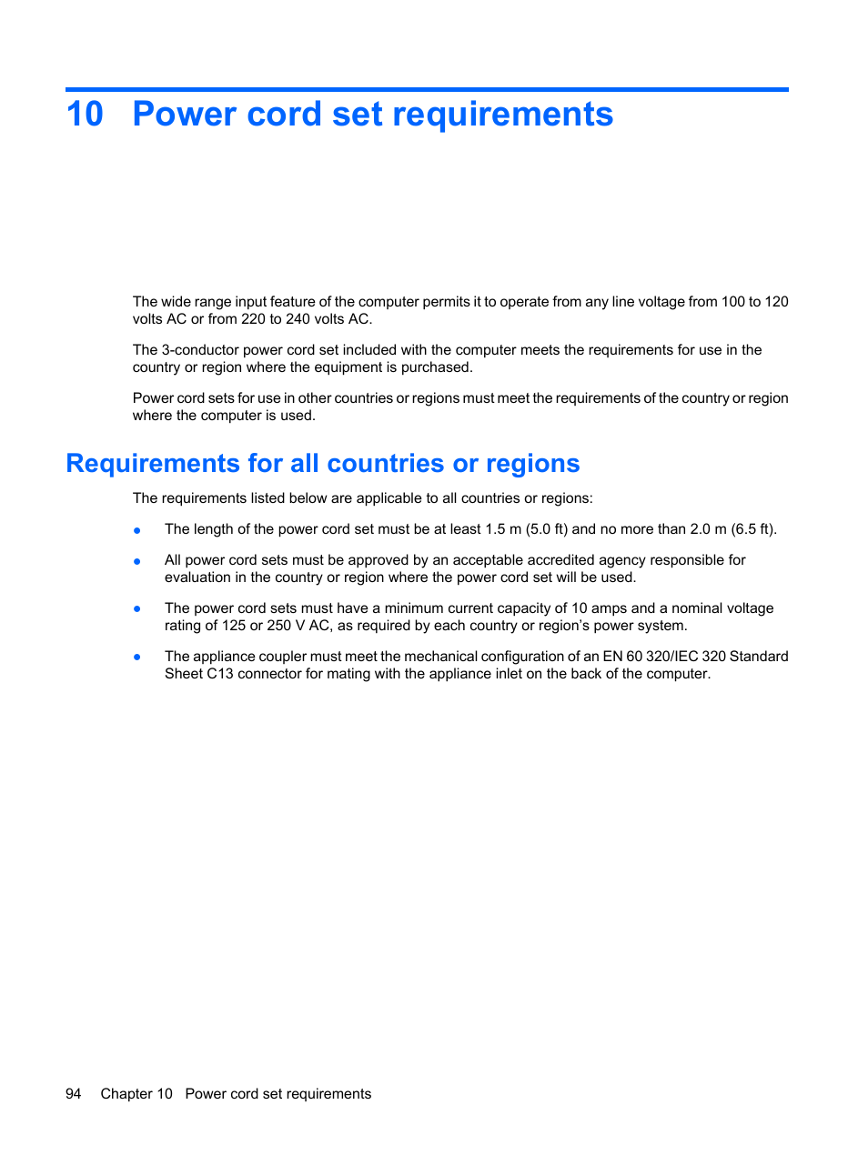 Power cord set requirements, Requirements for all countries or regions, 10 power cord set requirements | HP PAVILION DV3 User Manual | Page 102 / 114