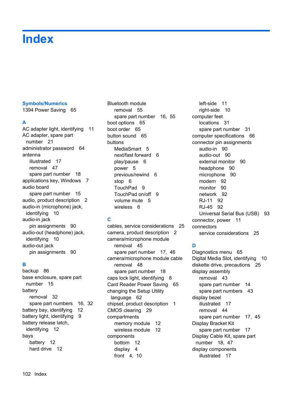 Index | HP PAVILION DV3 User Manual | Page 110 / 114