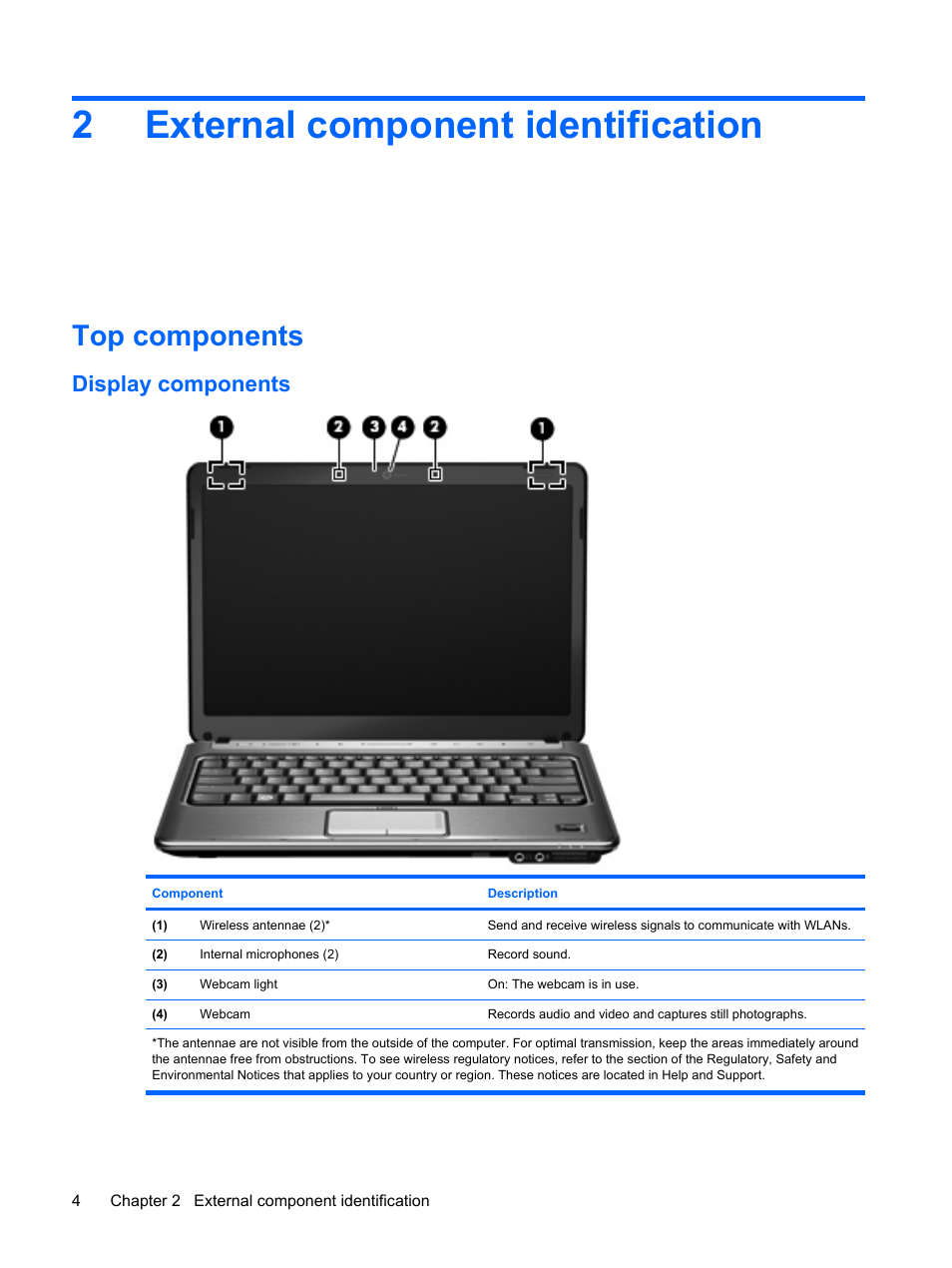 External component identification, Top components, Display components | 2 external component identification, 2external component identification | HP PAVILION DV3 User Manual | Page 12 / 114