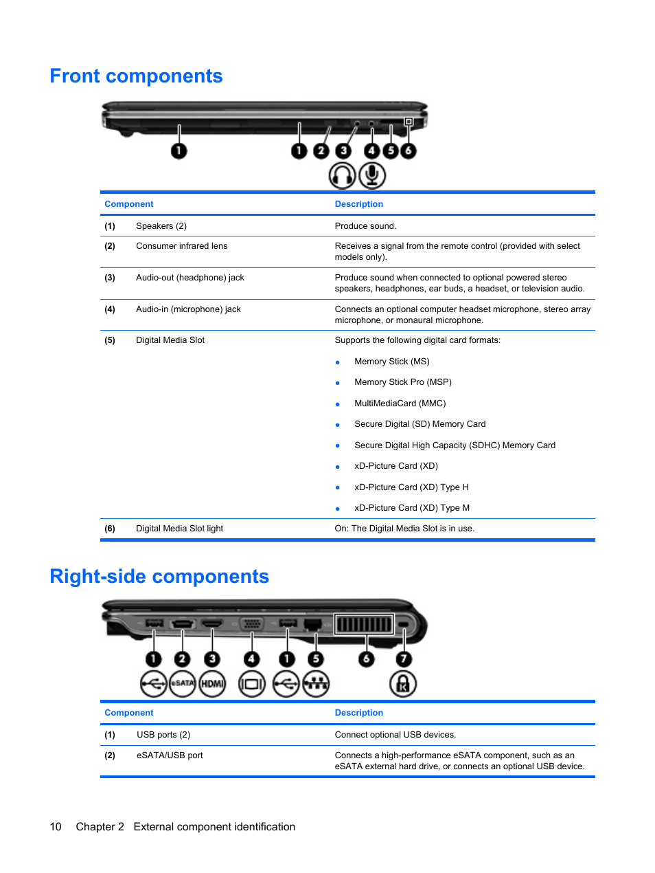 Front components, Right-side components, Front components right-side components | HP PAVILION DV3 User Manual | Page 18 / 114