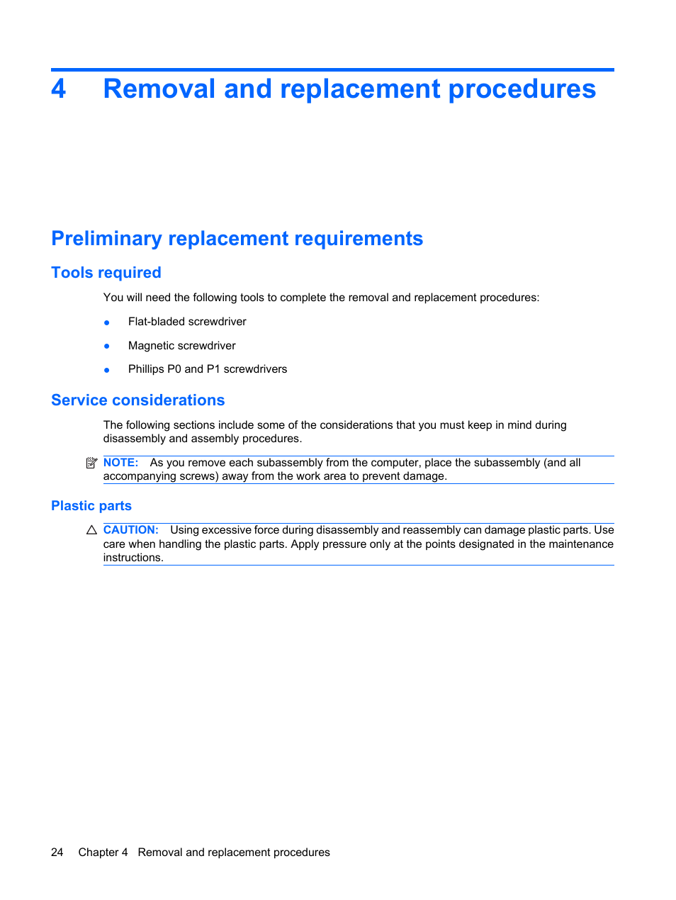 Removal and replacement procedures, Preliminary replacement requirements, Tools required | Service considerations, Plastic parts, 4 removal and replacement procedures, Tools required service considerations, 4removal and replacement procedures | HP PAVILION DV3 User Manual | Page 32 / 114