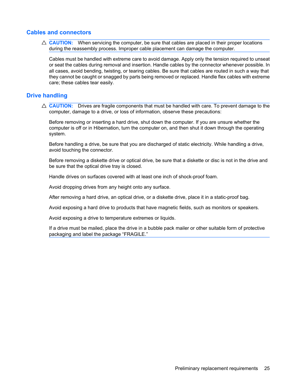 Cables and connectors, Drive handling, Cables and connectors drive handling | HP PAVILION DV3 User Manual | Page 33 / 114