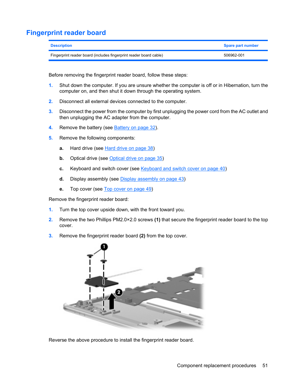 Fingerprint reader board | HP PAVILION DV3 User Manual | Page 59 / 114