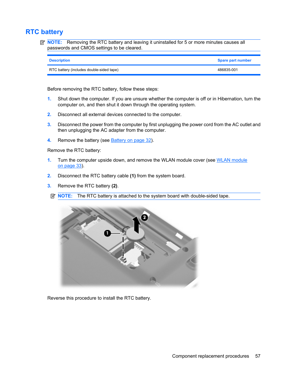 Rtc battery | HP PAVILION DV3 User Manual | Page 65 / 114