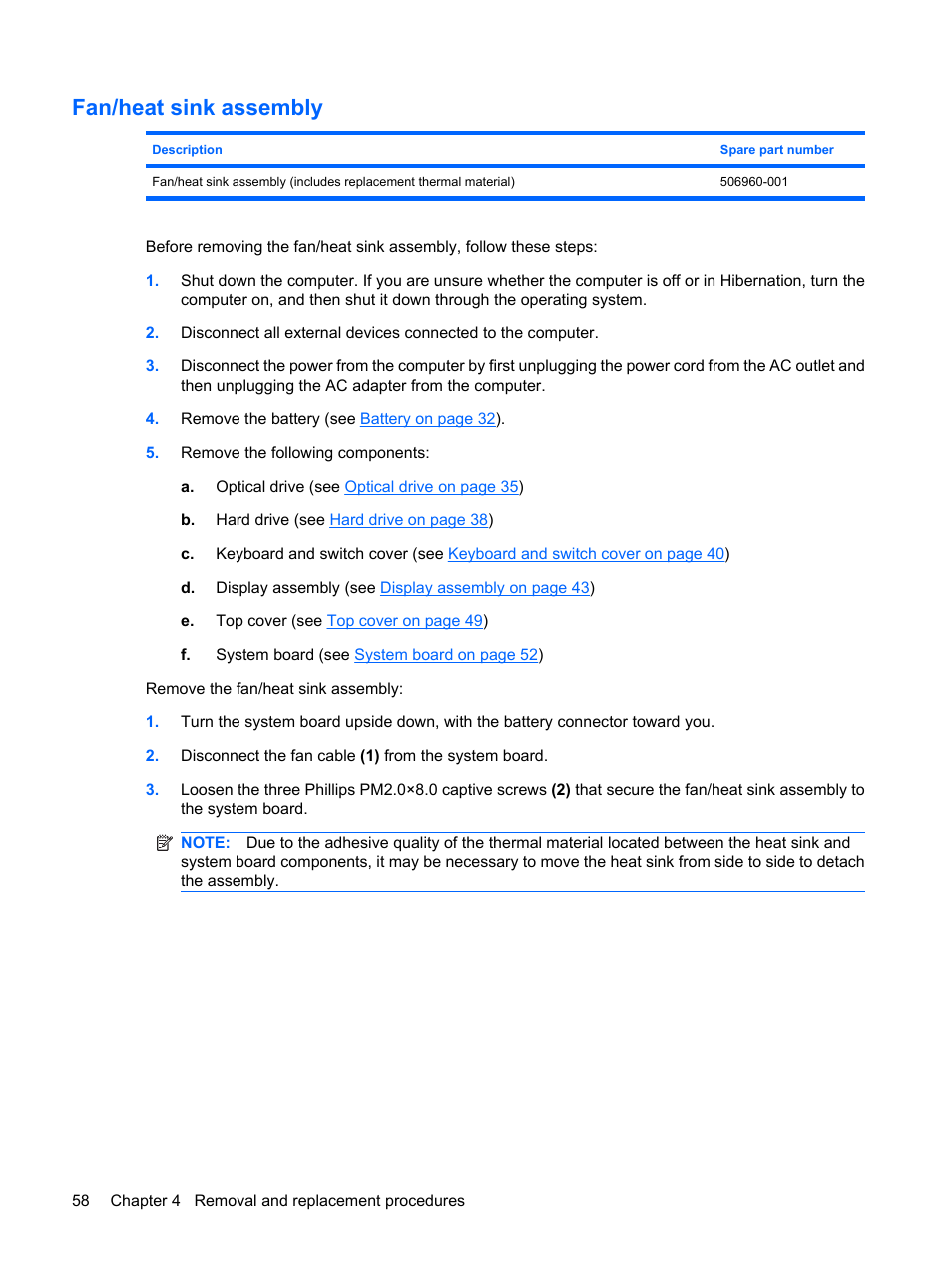 Fan/heat sink assembly | HP PAVILION DV3 User Manual | Page 66 / 114