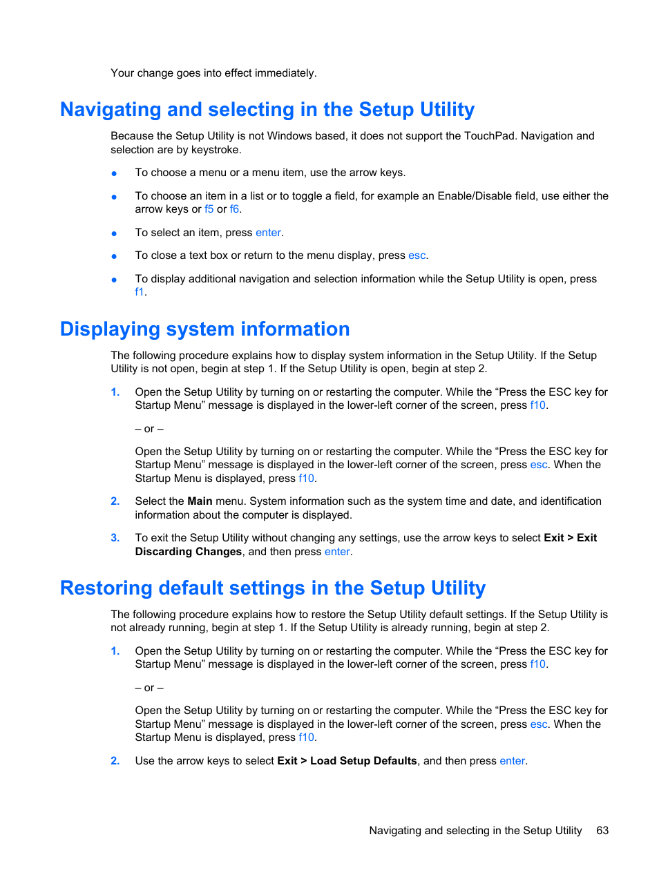 Navigating and selecting in the setup utility, Displaying system information, Restoring default settings in the setup utility | HP PAVILION DV3 User Manual | Page 71 / 114