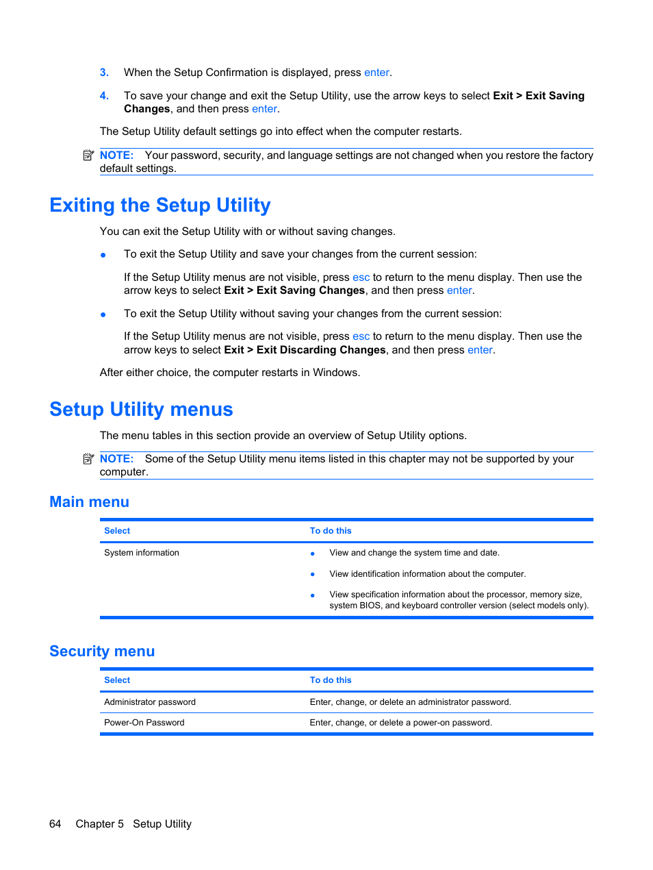 Exiting the setup utility, Setup utility menus, Main menu | Security menu, Exiting the setup utility setup utility menus, Main menu security menu | HP PAVILION DV3 User Manual | Page 72 / 114